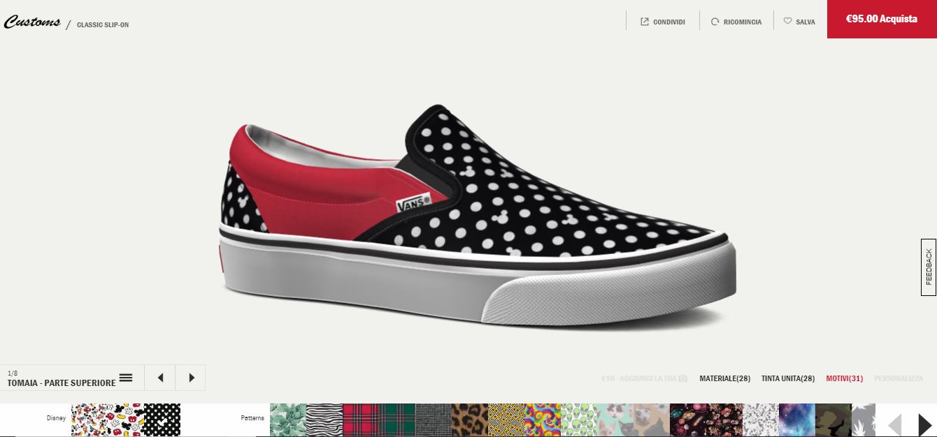 Pagina del configuratore di scarpe sul sito e-commerce Vans